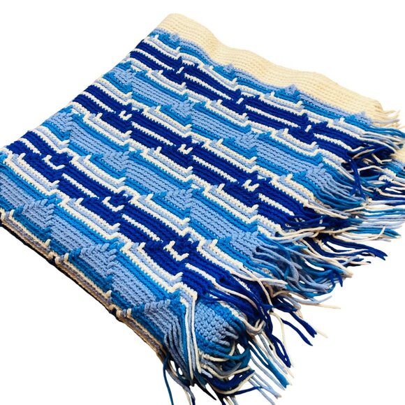 Handmade Blue & White Geometric Crochet Blanket With Fringes 43x74" Grannycore - Picture 1 of 10